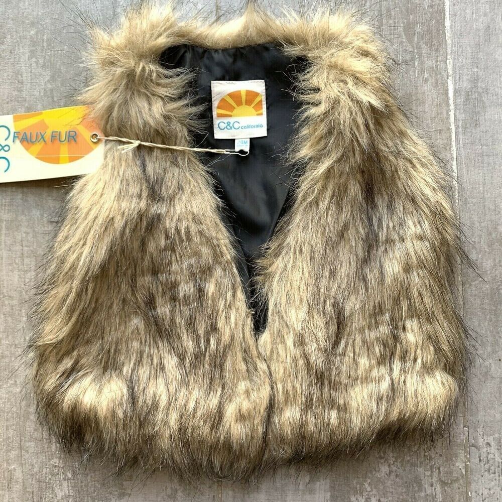 C&C CALIFORNIA Baby Toddler Girls Faux Fur Vest Designer Jacket Fall NEW 24M